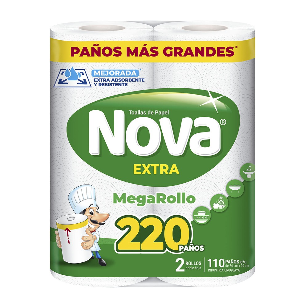 7730219013555 TOALLAS PAPEL P/COCINA NOVA MEGARROLLO 2 UN. 110 H C/U 24X20 CM. (1355)